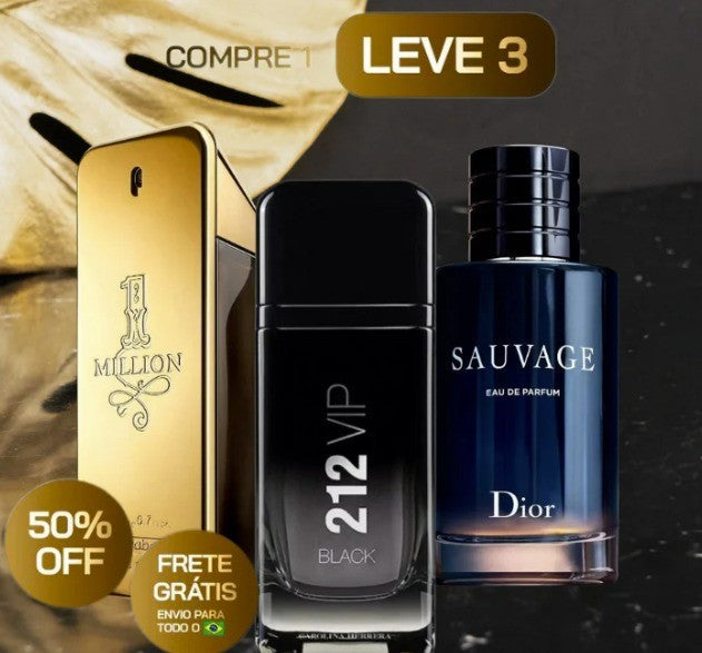 KIT 3 Perfumes Masculinos Importados (100 ml cada) - 212 Vip Black | Sauvage Dior | One Milion - Vivensci