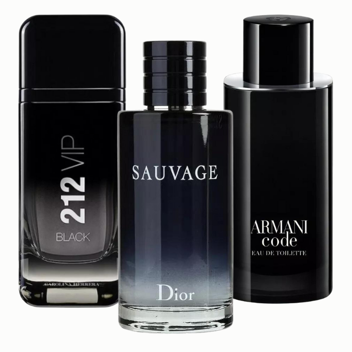 KIT 3 Perfumes Masculinos - 212 Vip Black | Armani Code | Sauvage Dior [100 ml cada] - Vivensci