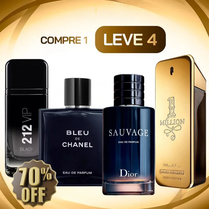 KIT 4 Perfumes Masculinos - Sauvage Dior | Bleu de Chanel | 212 Vip Black | 1 Million - Vivensci